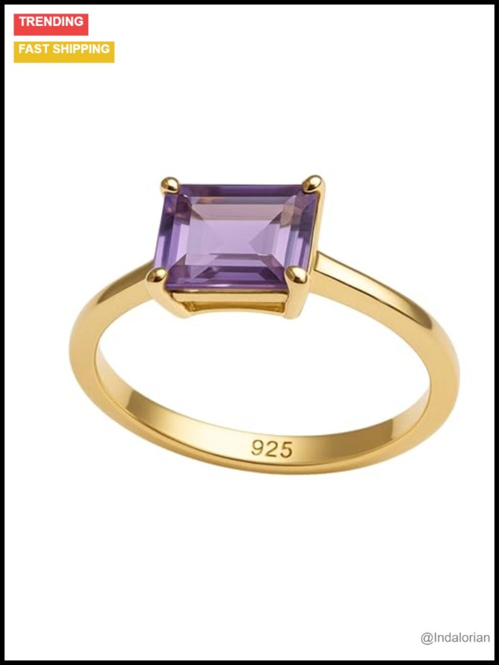 Natural Amethyst Baguette Ring 925 Sterling Silver with 3-Micron Gold Plating,